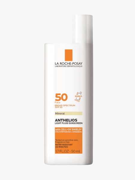 La Roche-Posay Anthelios Ultra-Light Mineral Sunscreen SPF 50 in branded white component with orange accents on a light gray background