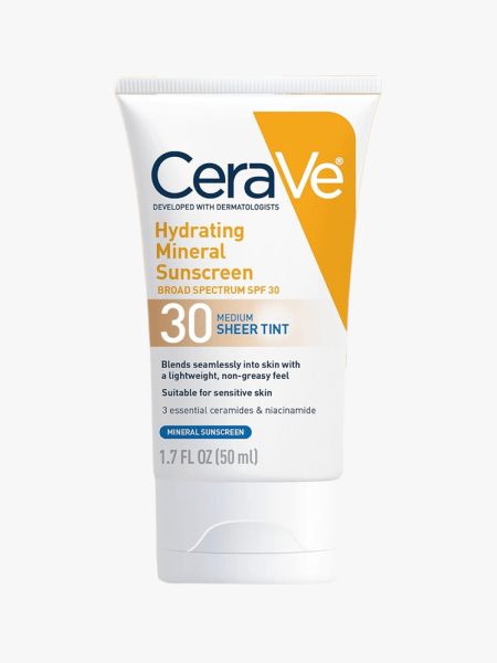 CeraVe Hydrating Mineral Sunscreen Deep Sheer Tint in branded tube component on a light gray background